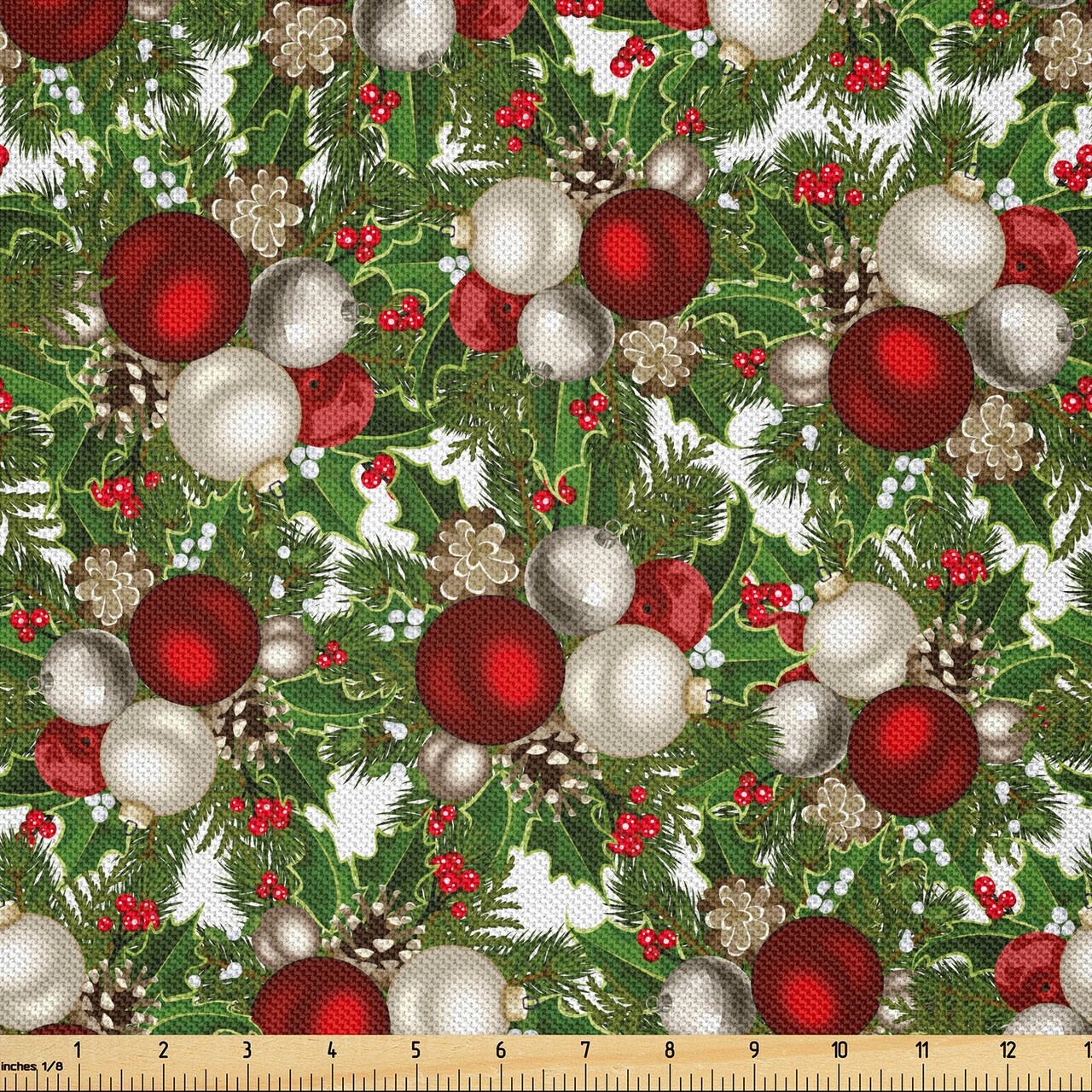 Ambesonne Christmas Fabric by The Yard, Pine Fir Cones Balls and Coniferous Tree Leaves Holly Berry Old Fashioned, Decorative Satin Fabric for Home Textiles and Crafts, 2 Yards, Red Green Grey
